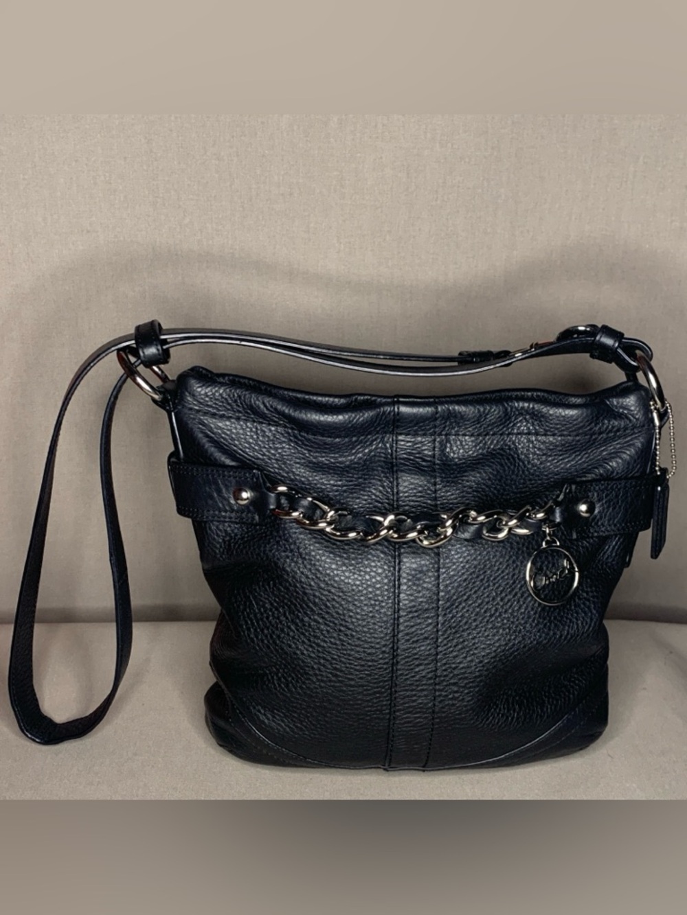 The Y2K Coach F19722 Black Pebbled Leather Crossbody Chain  Silver Hardware